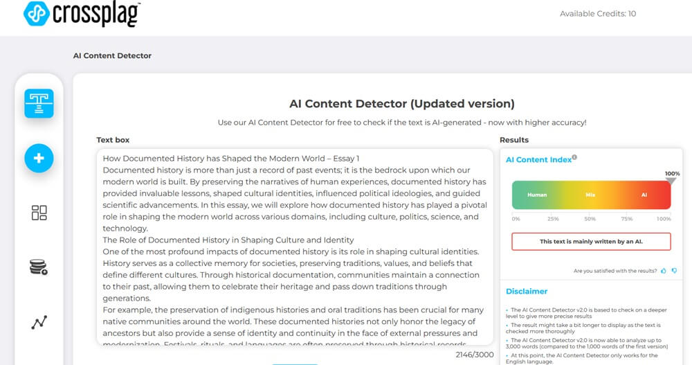 Crossplag AI score for AI-written content round one