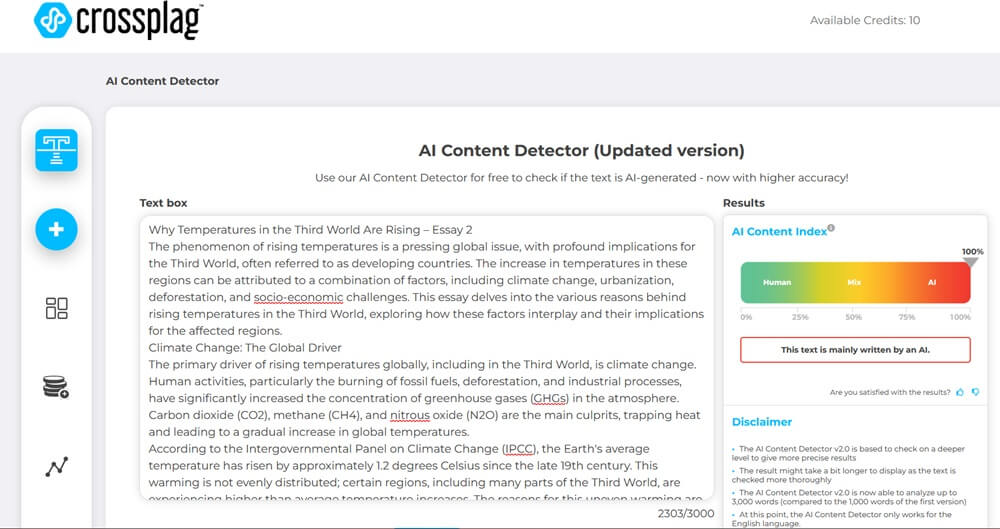 Crossplag AI score for AI-written content round two