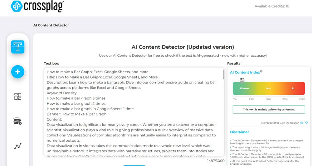 Crossplag AI score for human-written content round one