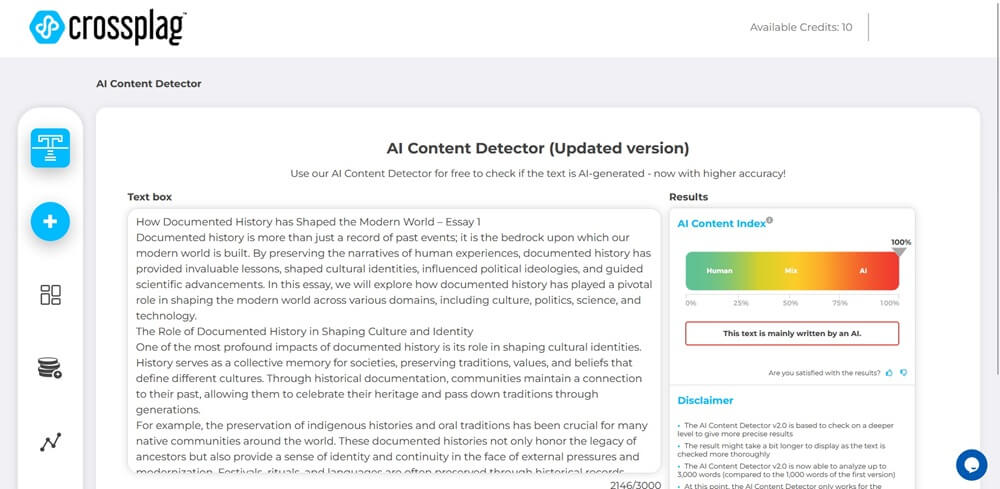 Crossplag AI written score