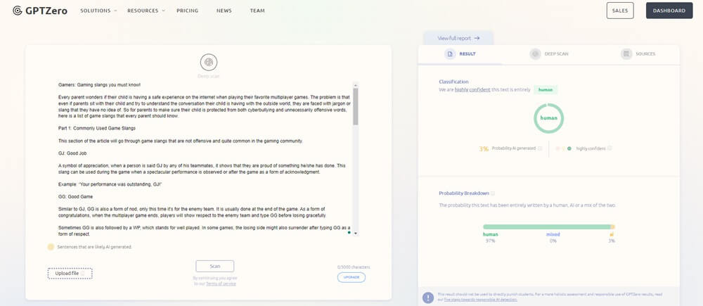 GPTZero human written content score round one