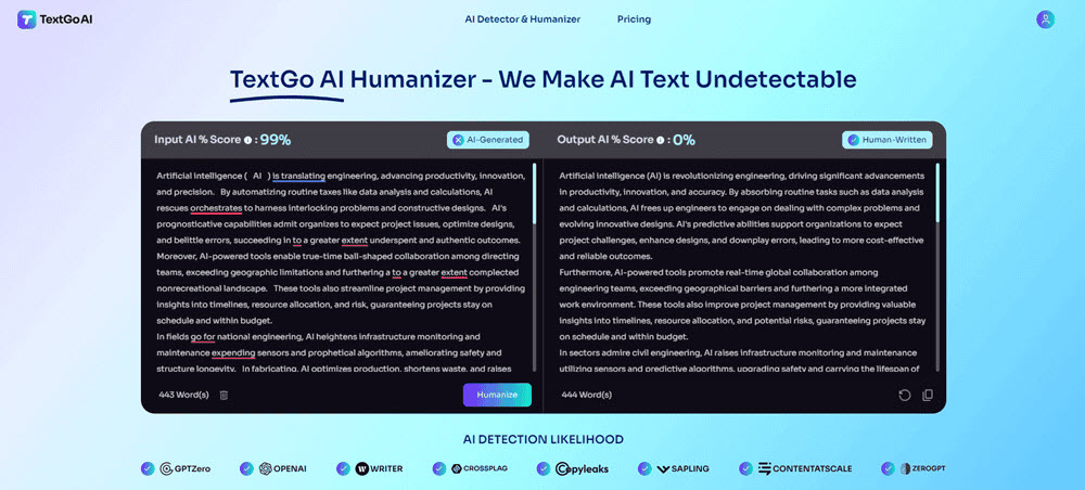 Humanize content using TextGo AI