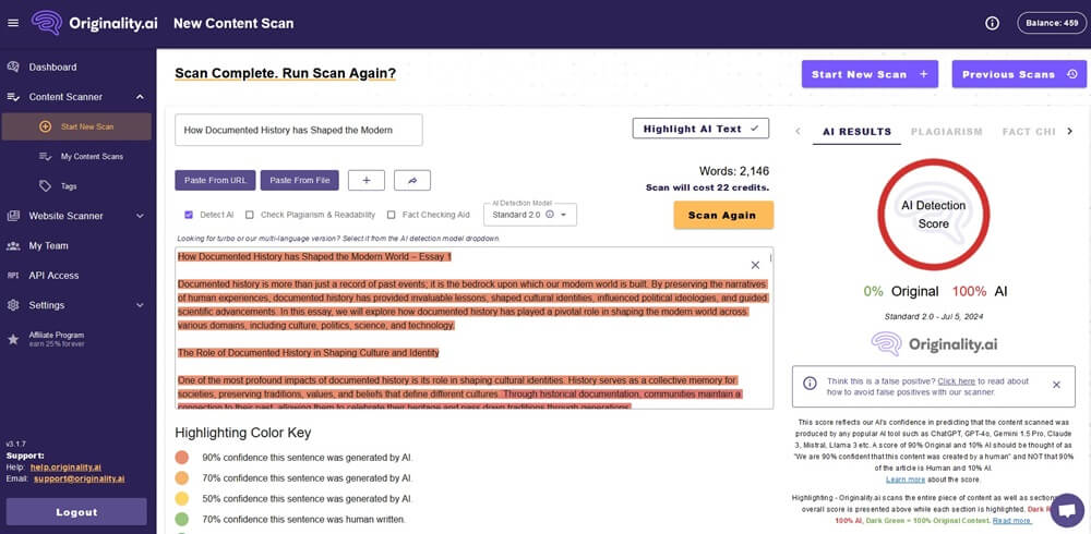 Originality AI AI written score