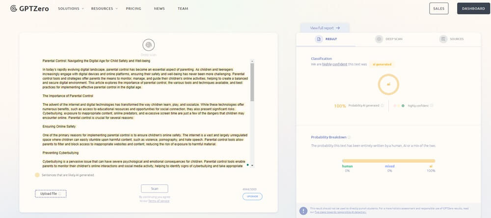 Results of GPTZero scan for AI content-round-three