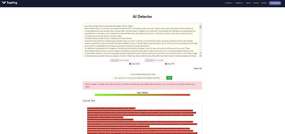 Sapling AI content score