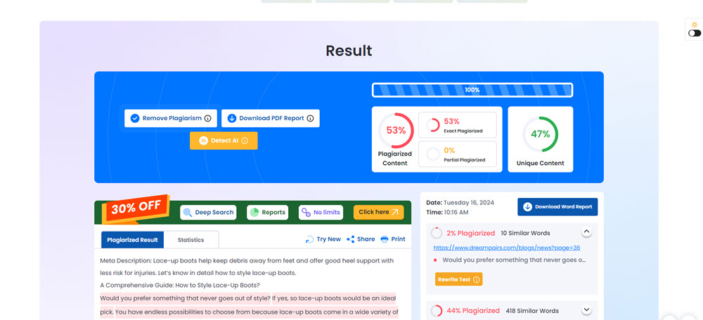 SmallSEOTools plagiarism score