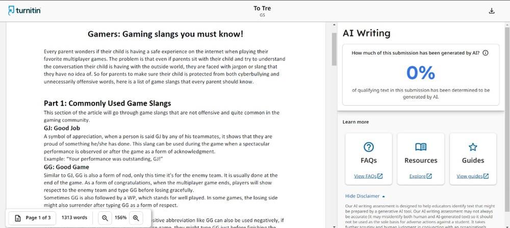 Turnitin human content score