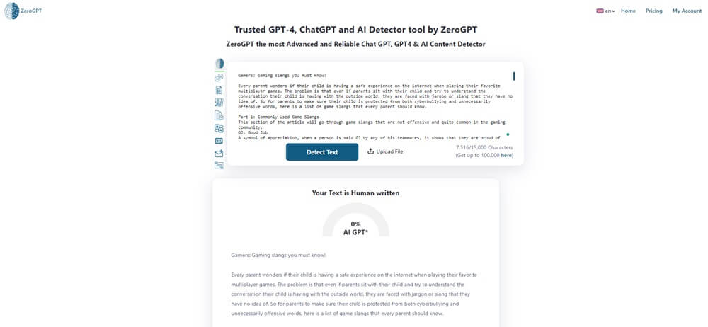 ZeroGPT human written content score round three