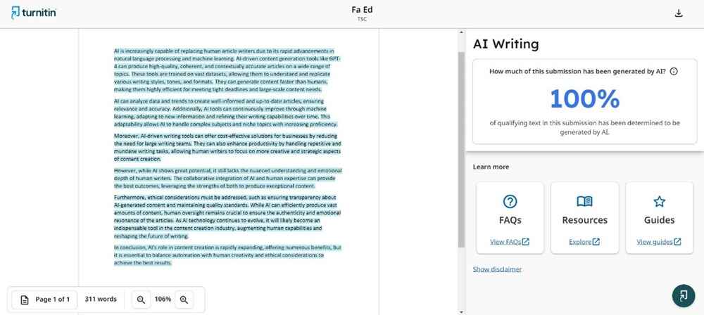 ChatGPT score on Turnitin