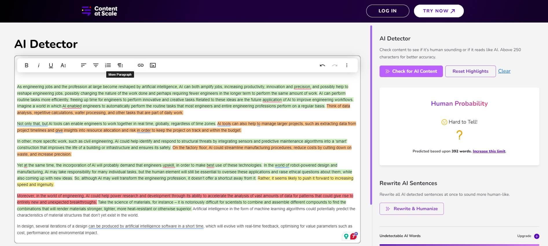 Content at Scale AI detection for Phrasly