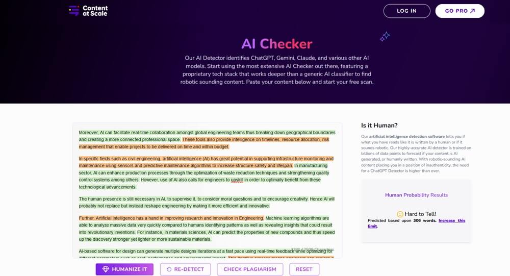 Content at Scale AI score for WriteHuman