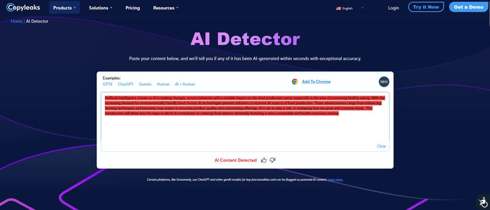 Copyleaks AI detector