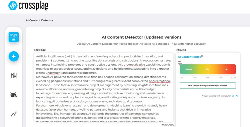 Crossplag AI score for TextGo