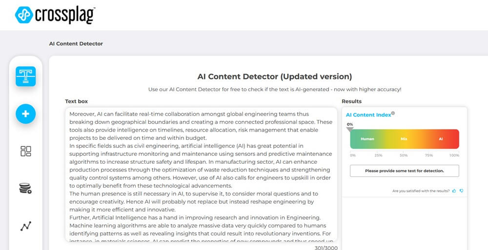 Crossplag AI score for WriteHuman