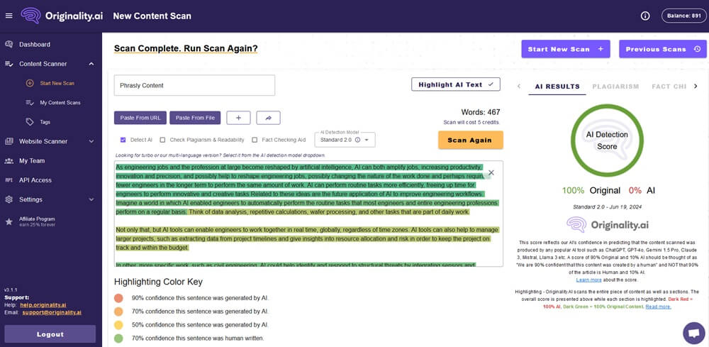 Originality AI detection for Phrasly