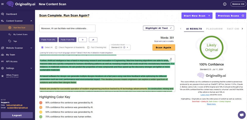 Originality AI score for WriteHuman