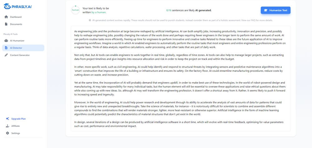 Phrasly's humanized content AI detection