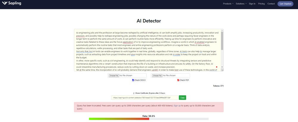 Sapling AI detection for Phrasly