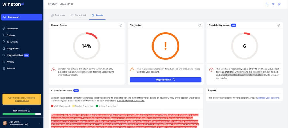 Winston AI score for WriteHuman