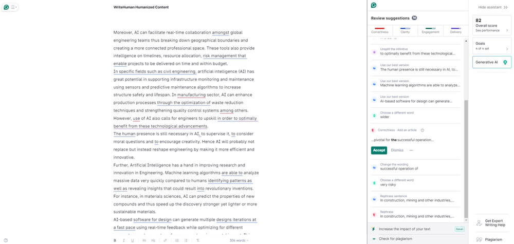 WriteHuman score on Grammarly