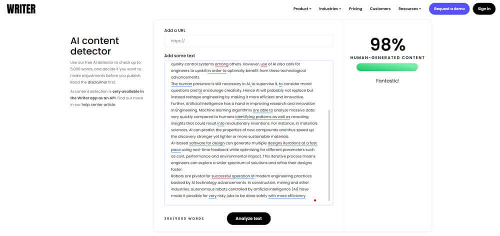 Writer AI score for WriteHuman