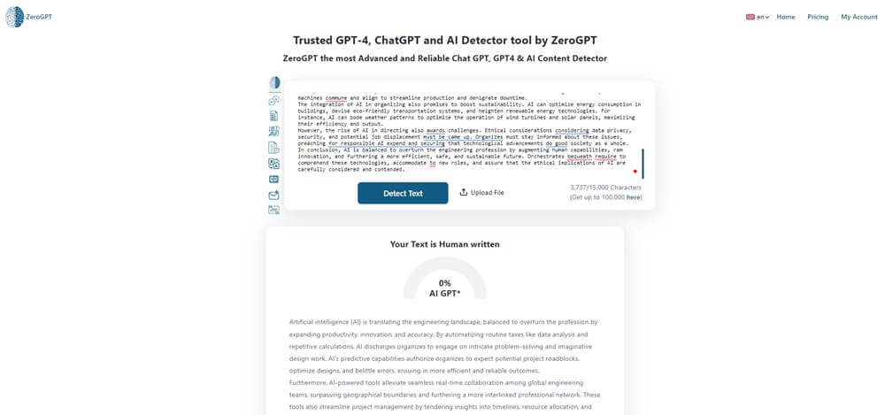 ZeroGPT AI detection for Phrasly